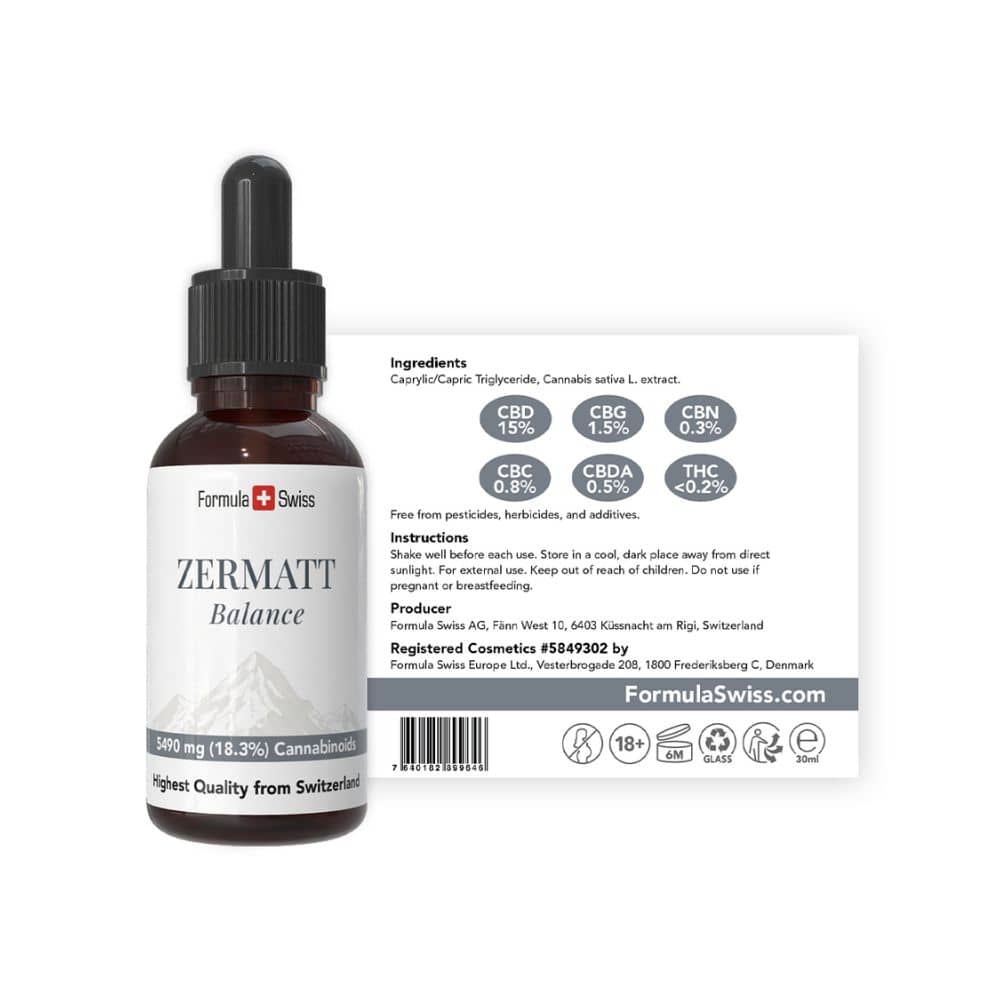 Zermatt Balance CBD-flaske med etiket på hvid baggrund